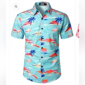New JOGAL Men's Cotton
Button Down Short Sleeve Hawaiian Shirt flamingo